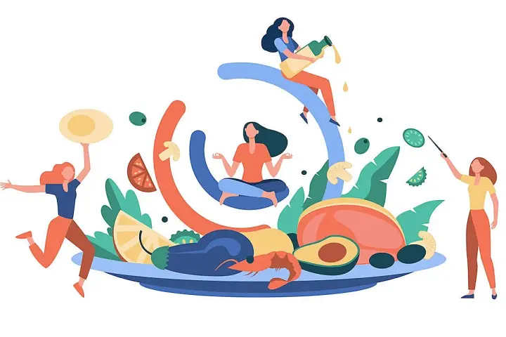 Mujeres meditando y preparando una dieta para perder peso con alimentos saludables como aguacate, gambas y verduras.