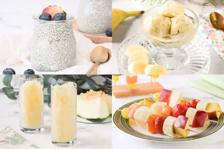 Postres saludables recetas: pudín de chía, helado de plátano, granizado de melón y brochetas de frutas.