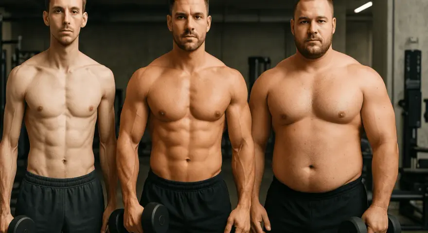 Tres hombres en un gimnasio. El de la izquierda es delgado y musculoso. El del medio tiene un cuerpo endomorfo musculoso. El de la derecha es más corpulento.