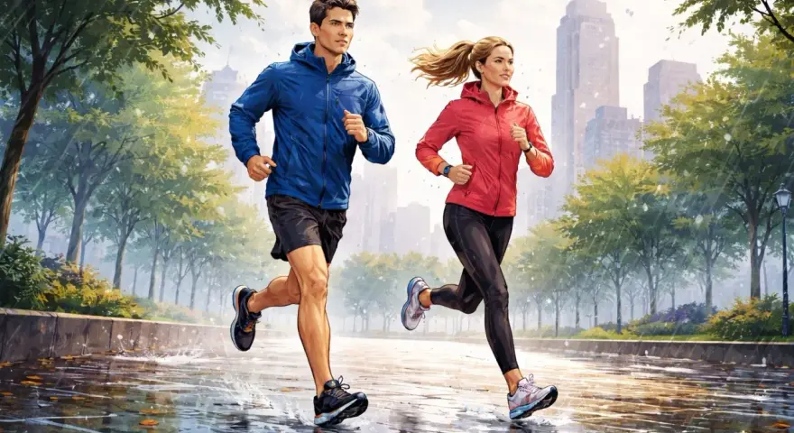 Pareja corre con lluvia en un parque urbano. El suelo mojado refleja las luces de la ciudad y los árboles verdes.