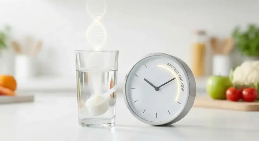 Un vaso de agua con una cucharada de polvo y un reloj marcan el momento en que la glicina rompe el ayuno.