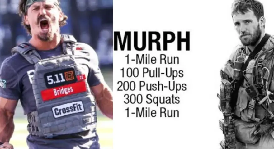 Atleta de CrossFit con chaleco de peso, junto a la descripción del entrenamiento Murph y un soldado.