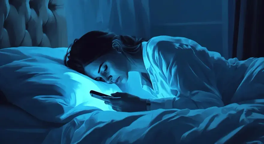 Mujer en la cama con su teléfono, iluminada por la luz azul. ¿Cuántas calorías se queman durmiendo?