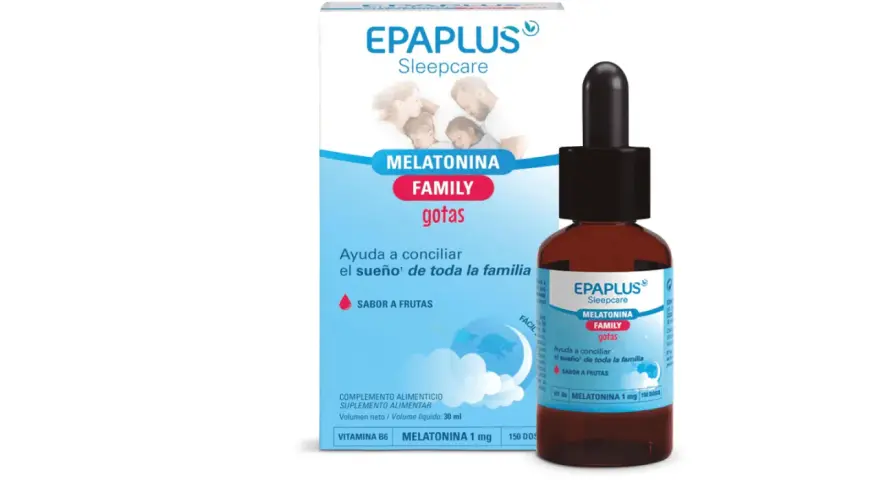 Gotas de melatonina familiar EPAPLUS Sleepcare, el mejor suplemento para dormir, con sabor a frutas para toda la familia.