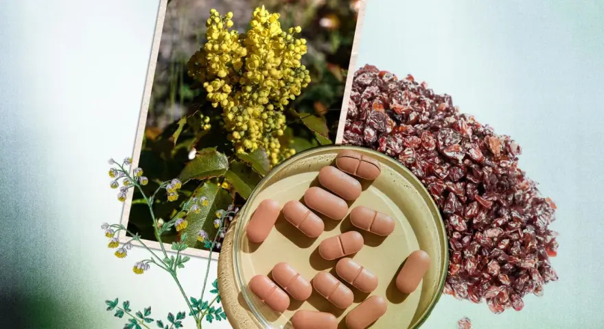 Berberina para adelgazar: extracto de planta amarilla, bayas secas y pastillas en un plato.