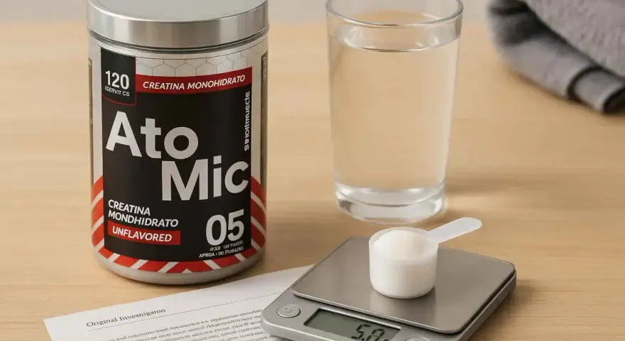 Un bote de creatina monohidrato, un vaso de agua y una báscula digital con una cucharada de polvo. Descubre los beneficios de la creatina monohidrato para tu entrenamiento.