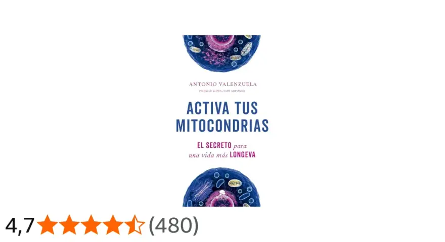 Libro "Activa tus mitocondrias", con ilustración celular y título que promete el secreto para una vida longeva.