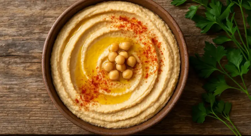 Un cremoso hummus en un cuenco de barro, decorado con garbanzos, aceite y pimentón. ¡Cuidado, el hummus engorda si no se consume con moderación!