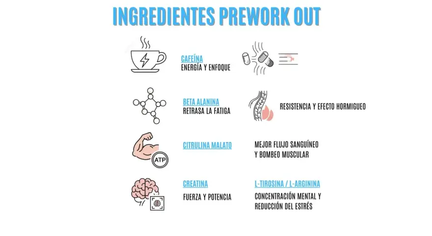 Ingredientes de pre-workout: cafeína para energía, beta alanina para retrasar fatiga, citrulina malato para mejor flujo sanguíneo, creatina para fuerza y L-tirosina/L-arginina para concentración.