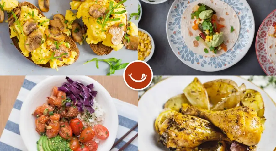 Cuatro platos deliciosos y saludables: tostadas con huevo y champiñones, taco con aguacate, poke bowl y pollo asado con limón. Opciones de alimentos bajos en calorías.