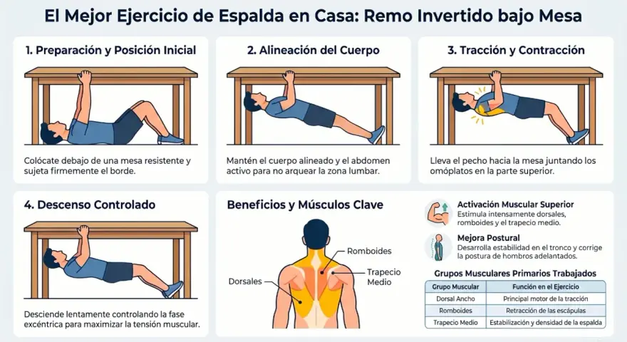 Ilustración de ejercicios de espalda en casa: remo invertido bajo mesa. Muestra preparación, alineación, tracción, descenso y beneficios.