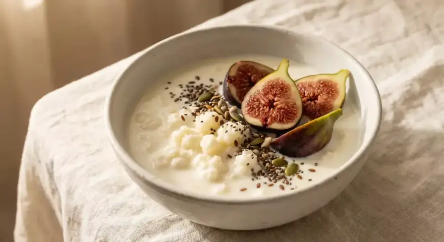 Un tazón de kéfir cremoso con higos frescos y semillas. El kéfir engorda por la noche, ¡un desayuno perfecto!