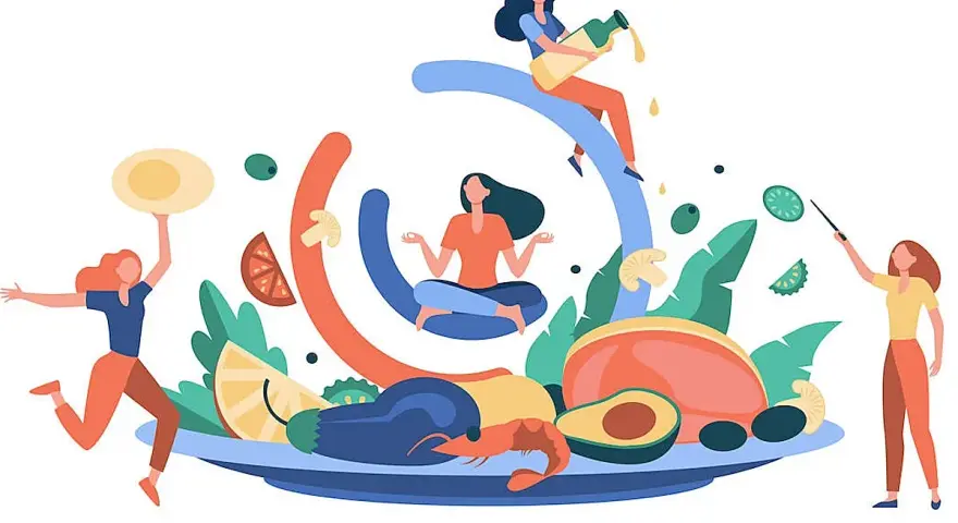 Mujeres meditando y preparando una dieta para perder peso con alimentos saludables como aguacate, gambas y verduras.