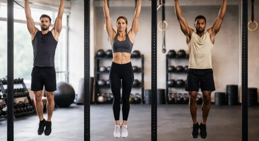 Tres personas, dos hombres y una mujer, se cuelgan de la barra en un gimnasio, entrenando su fuerza.