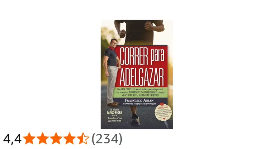 Portada del libro "Correr para adelgazar" de Francisco Abián, con un hombre corriendo y otro mostrando su ropa holgada.