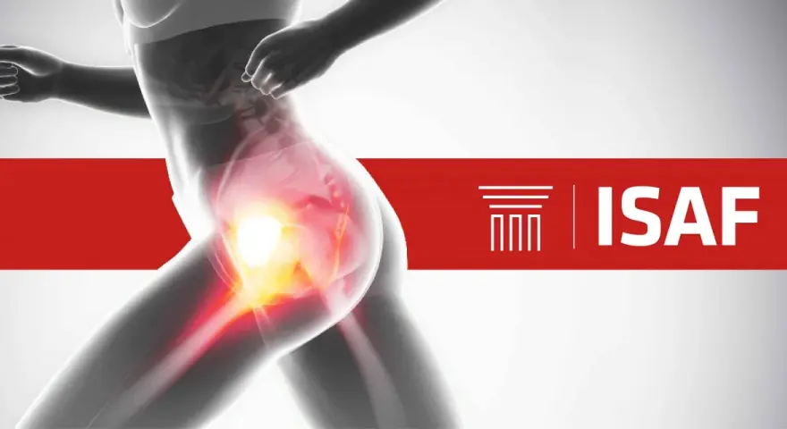 Silueta de corredor con zona de dolor en la cadera, indicando posible **hip pain after running**. Logo ISAF.