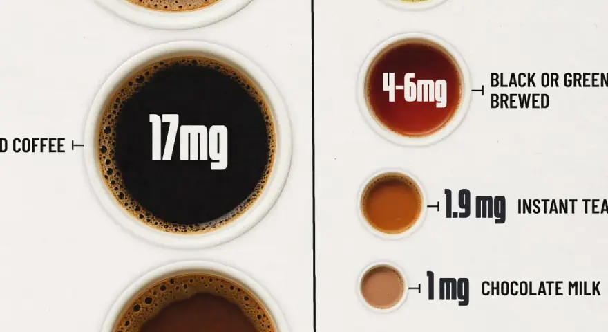 Varias tazas de café y té con sus contenidos de cafeína. El café tiene más cafeína, lo que influye en cuanto tarda en hacer efecto el café.