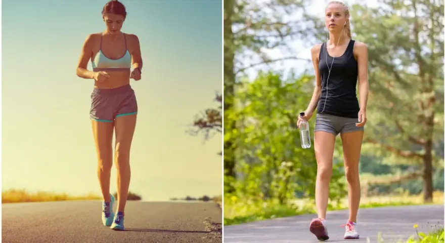 Dos mujeres haciendo ejercicio: una corriendo en una carretera soleada y otra caminando en un sendero boscoso. ¿Que adelgaza mas correr o andar?