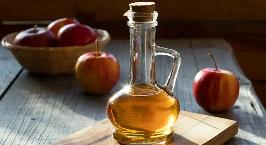 Botella de vinagre de manzana artesanal junto a manzanas rojas. Considera las vinagre de manzana contraindicaciones antes de su uso.