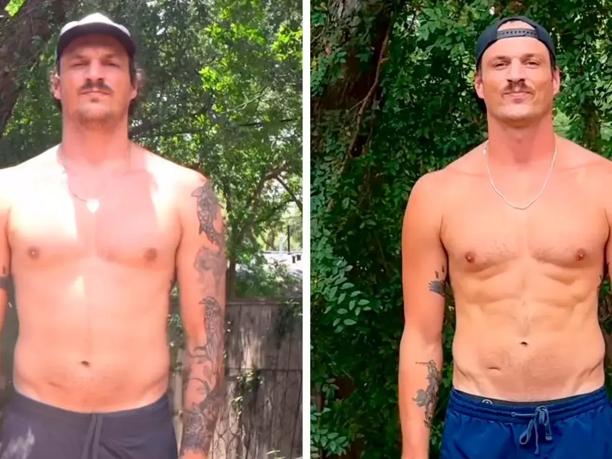 Hombre con tatuajes muestra su transformaci&oacute;n f&iacute;sica. Antes y despu&eacute;s de correr, luce m&aacute;s tonificado.