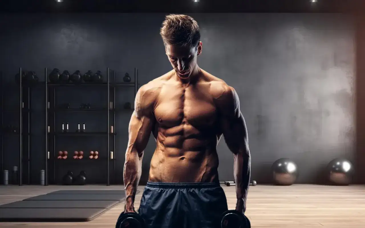 Hombre con cuerpo endomorfo musculoso, abdominales marcados, levantando pesas en un gimnasio.