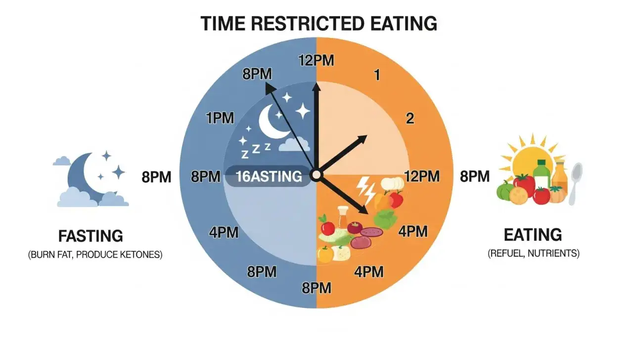 Reloj muestra ayuno intermitente 16 horas. Mitad azul para ayuno (noche, luna), mitad naranja para comer (sol, alimentos).
