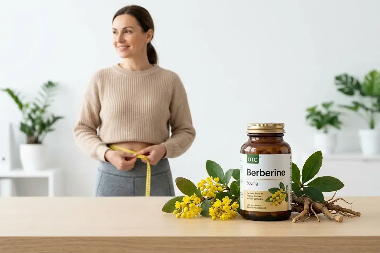 Mujer mide su cintura, con un frasco de berberina para adelgazar y flores amarillas en primer plano.