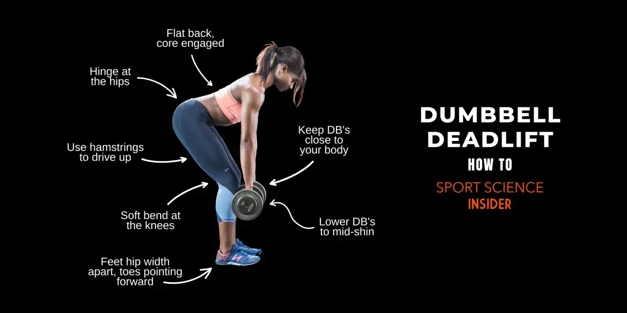 Mujer realizando un double db deadlift con espalda recta, rodillas ligeramente flexionadas y mancuernas cerca del cuerpo.