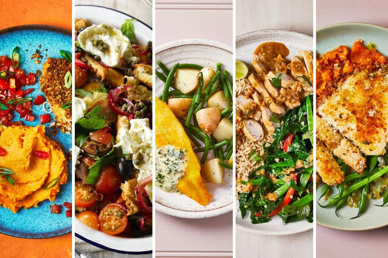Cinco platos coloridos, ideales para comidas bajas en calor&iacute;as: pur&eacute; de camote, ensalada caprese, pescado con papas, pollo con arroz y verduras, y pechuga empanizada.