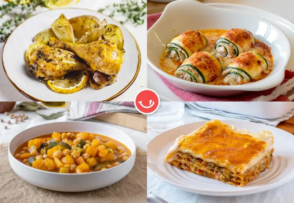 Cuatro platos deliciosos y nutritivos: pollo asado con limón, rollitos de calabacín, guiso de garbanzos y calabaza, y lasaña.