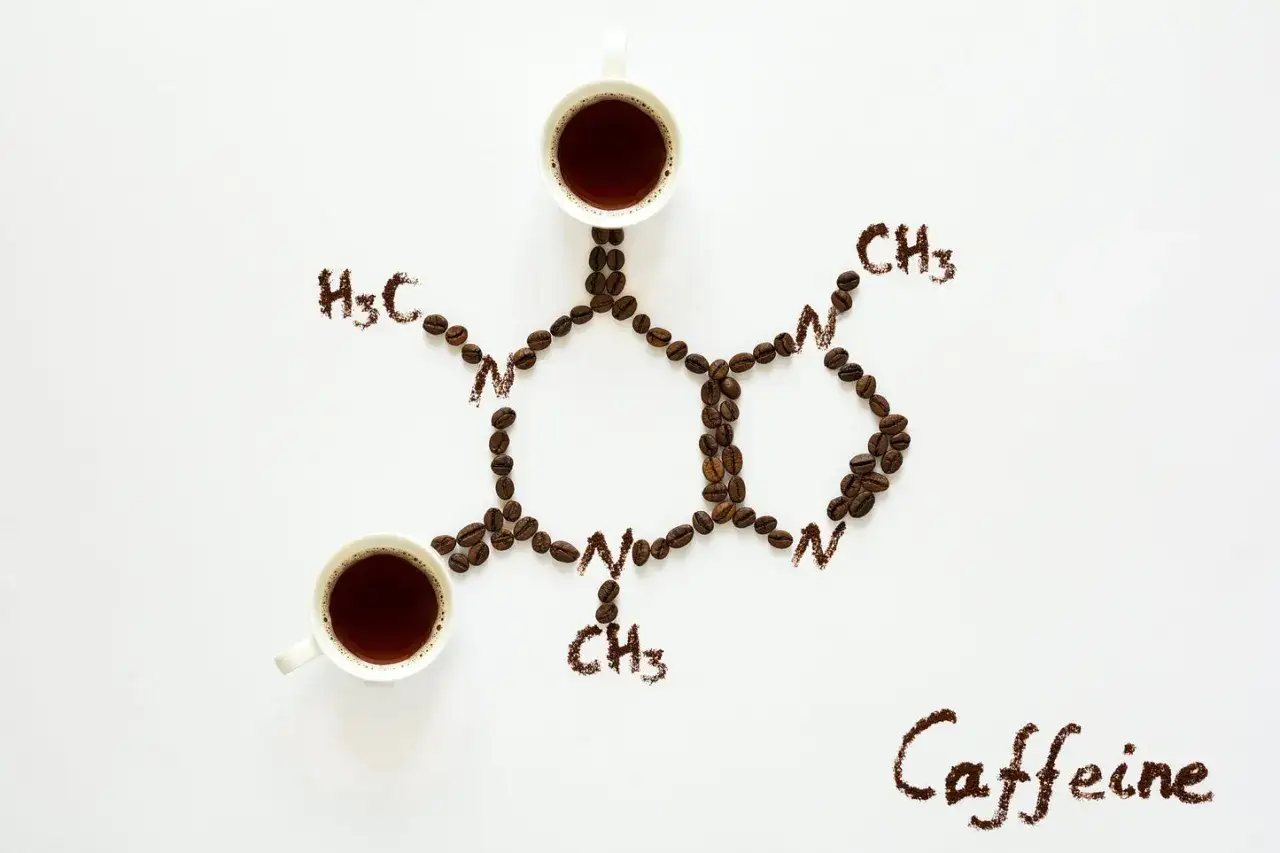 Molécula de cafeína hecha con granos de café y dos tazas. ¿Cuánto tarda en hacer efecto el café?