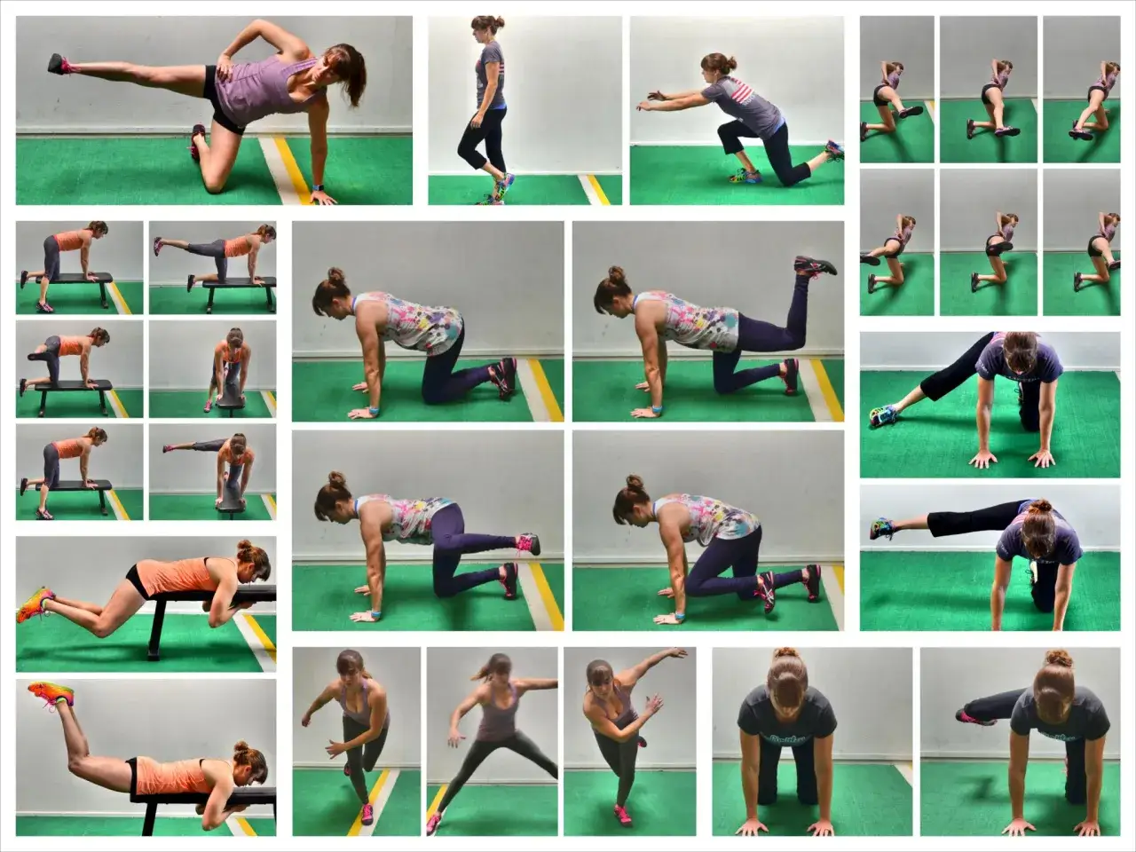 Rutina para como entrenar glúteo: ejercicios de patada lateral, elevación de pierna y sentadilla búlgara.
