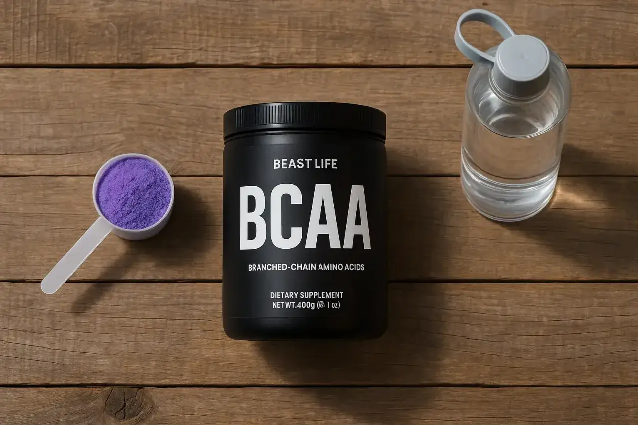 Un bote de BCAA, una cuchara con polvo morado y una botella de agua sobre madera. &iquest;Los BCAA engordan?
