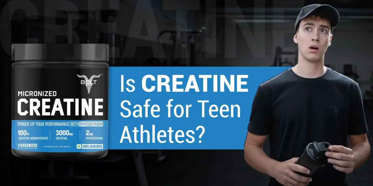 Joven atleta con expresi&oacute;n de duda, junto a un bote de creatina. &iquest;Es segura la creatina en adolescentes?