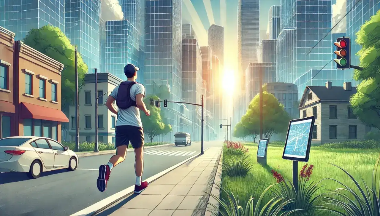 Hombre con mochila sale a correr por la ciudad, con edificios modernos y sol brillante.