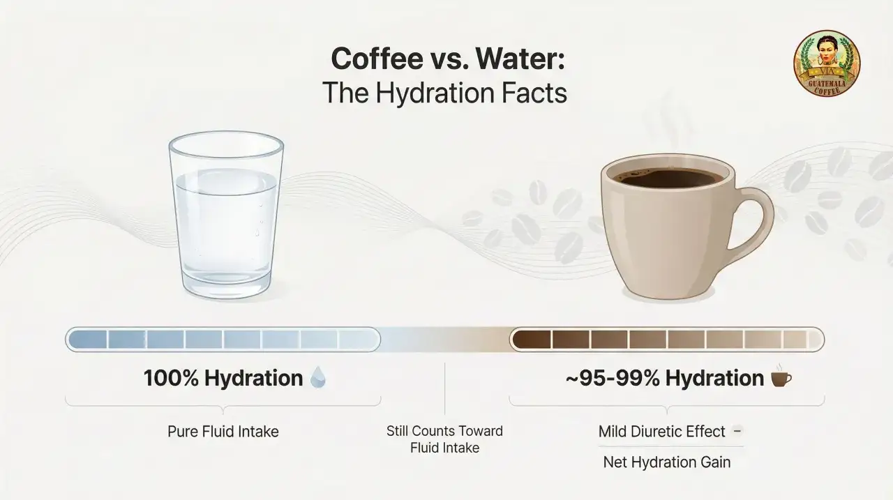Un vaso de agua ofrece 100% hidrataci&oacute;n. El caf&eacute;, aunque aporta l&iacute;quidos, puede tener un efecto diur&eacute;tico leve, haciendo que el caf&eacute; deshidrata un poco.