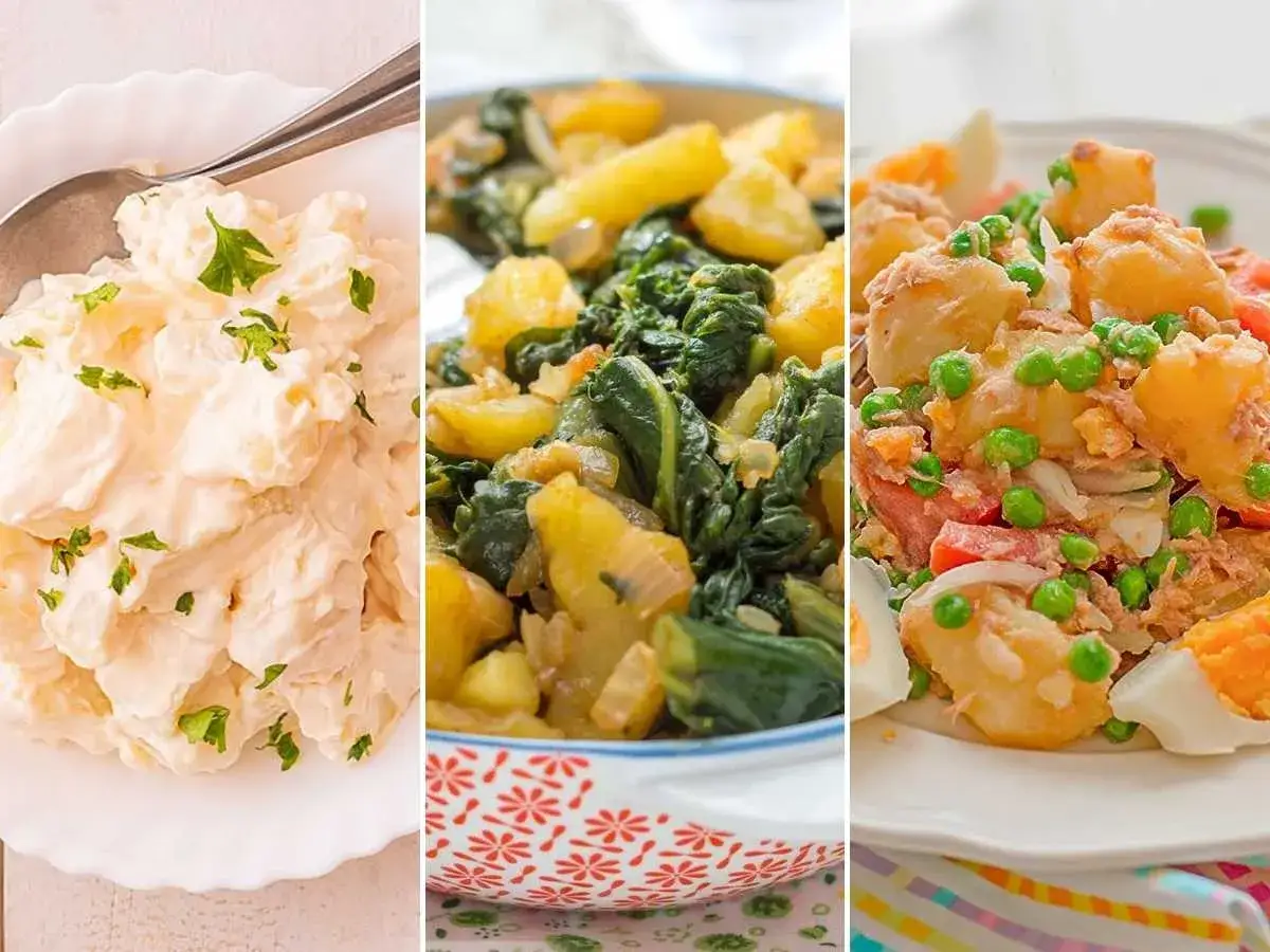 Tres ensaladas de patata cocida: cremosa, con espinacas y con atún y huevo. El índice glucémico de la patata cocida varía según la preparación.