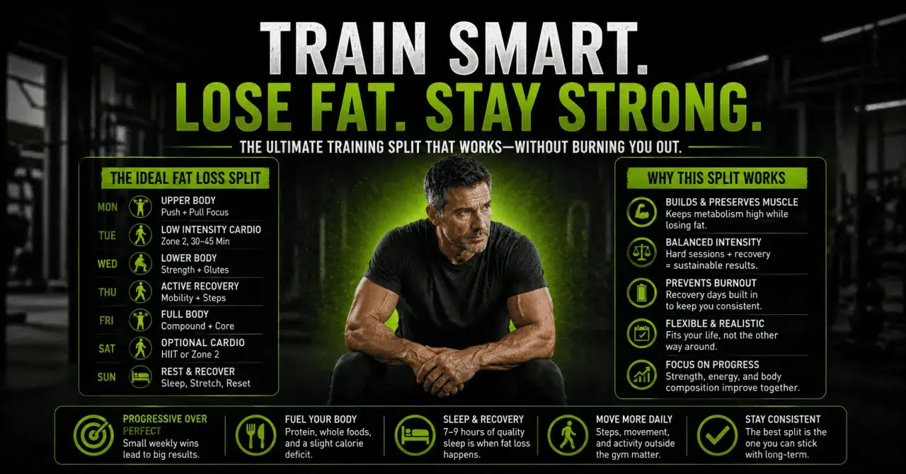Un hombre musculoso sentado, con un plan de entrenamiento para perder grasa y mantenerse fuerte.