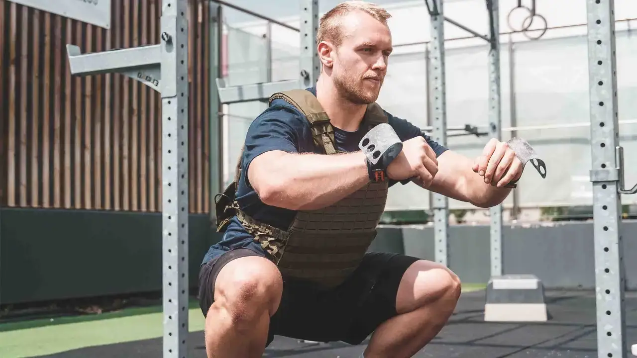 Atleta con chaleco de peso haciendo sentadillas, prepar&aacute;ndose para el desaf&iacute;o Murph en CrossFit.