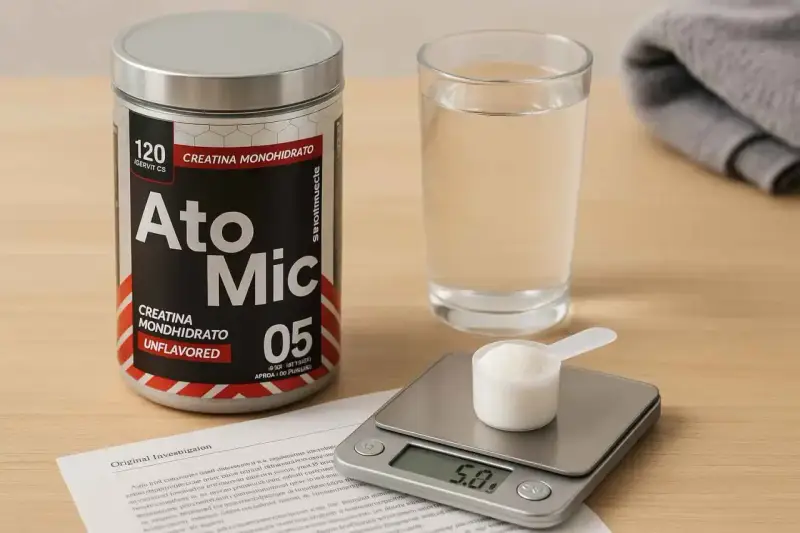 Un bote de creatina monohidrato, un vaso de agua y una báscula digital con una cucharada de polvo. Descubre los beneficios de la creatina monohidrato para tu entrenamiento.