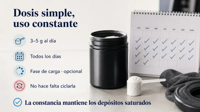 La creatina para que sirve: dosis simple, uso constante de 3-5g diarios. La constancia mantiene los depósitos saturados.